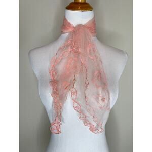 Vintage Sheer Peach Flocked Floral Design Scarf 25 x 26" 1950s 60s